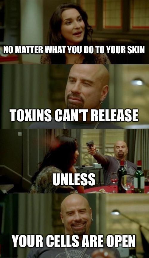 Skinhead John Travolta Meme | NO MATTER WHAT YOU DO TO YOUR SKIN; TOXINS CAN'T RELEASE; UNLESS; YOUR CELLS ARE OPEN | image tagged in memes,skinhead john travolta | made w/ Imgflip meme maker