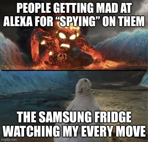 The spy | PEOPLE GETTING MAD AT ALEXA FOR “SPYING” ON THEM; THE SAMSUNG FRIDGE WATCHING MY EVERY MOVE | image tagged in zhdun sitting casually while te-ka is approaching | made w/ Imgflip meme maker