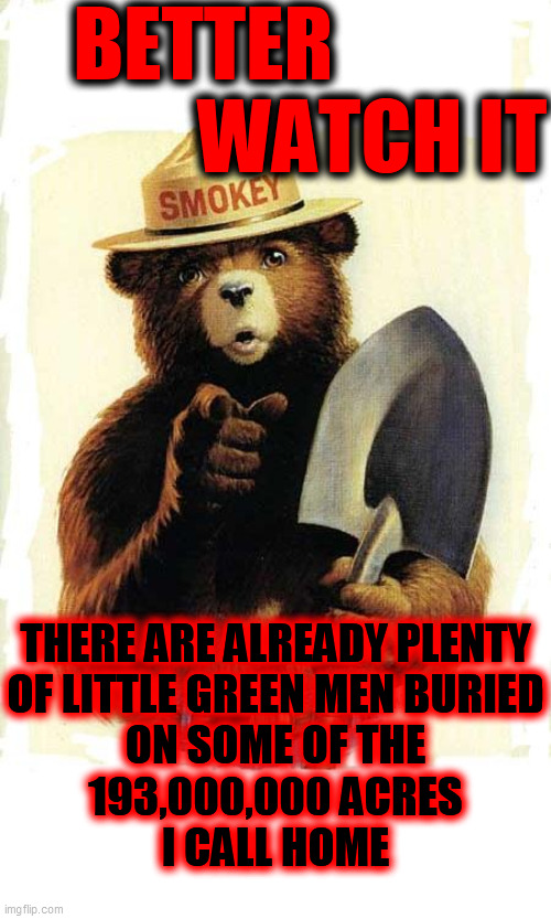 Smokey The Bear | BETTER                      WATCH IT THERE ARE ALREADY PLENTY
OF LITTLE GREEN MEN BURIED
ON SOME OF THE
193,000,000 ACRES
I CALL HOME | image tagged in smokey the bear | made w/ Imgflip meme maker