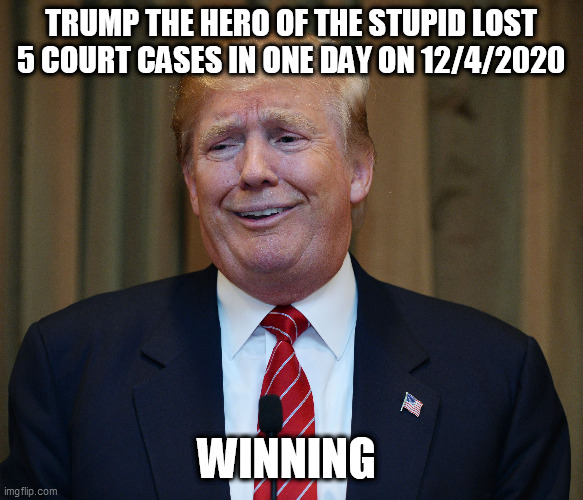 All that Winning | TRUMP THE HERO OF THE STUPID LOST 5 COURT CASES IN ONE DAY ON 12/4/2020; WINNING | image tagged in donald trump,trump supporters,election 2020,republicans | made w/ Imgflip meme maker