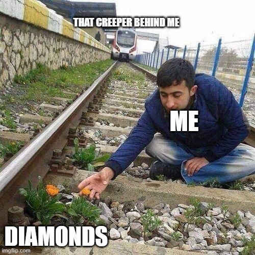 it was too late | THAT CREEPER BEHIND ME; ME; DIAMONDS | image tagged in flower train man | made w/ Imgflip meme maker