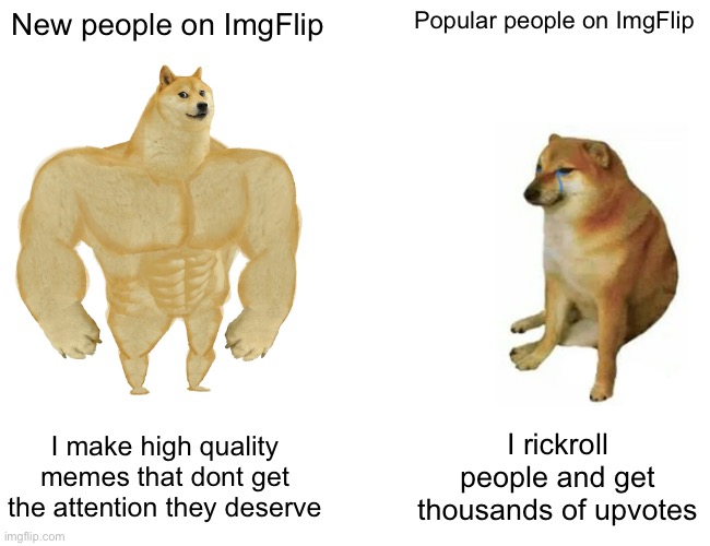 Why? | New people on ImgFlip; Popular people on ImgFlip; I make high quality memes that dont get the attention they deserve; I rickroll people and get thousands of upvotes | image tagged in memes,buff doge vs cheems | made w/ Imgflip meme maker