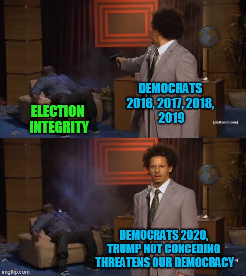 Who Killed Hannibal Meme | DEMOCRATS 
2016, 2017, 2018, 
2019; ELECTION 
INTEGRITY; DEMOCRATS 2020, 
TRUMP NOT CONCEDING 
THREATENS OUR DEMOCRACY | image tagged in memes,election,fraud,democrats,trump,integrity | made w/ Imgflip meme maker