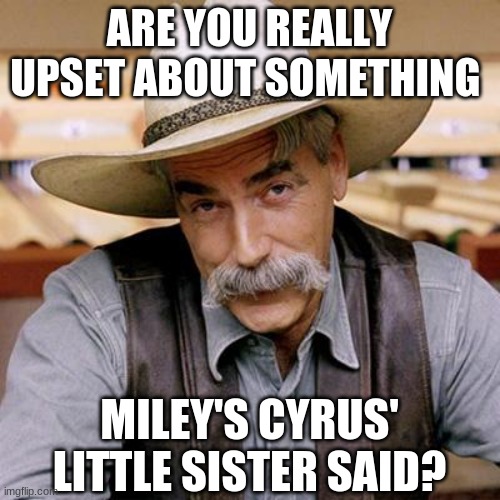 SARCASM COWBOY | ARE YOU REALLY UPSET ABOUT SOMETHING MILEY'S CYRUS' LITTLE SISTER SAID? | image tagged in sarcasm cowboy | made w/ Imgflip meme maker