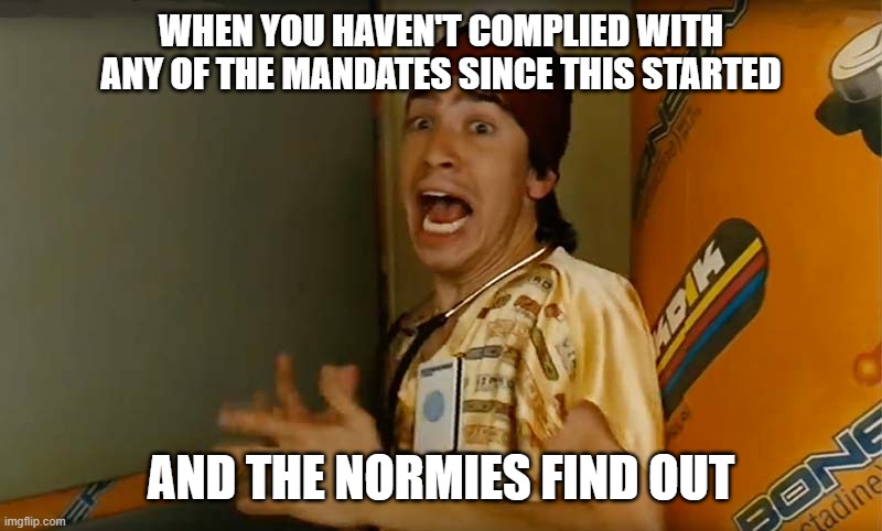 normies | WHEN YOU HAVEN'T COMPLIED WITH ANY OF THE MANDATES SINCE THIS STARTED; AND THE NORMIES FIND OUT | image tagged in normies | made w/ Imgflip meme maker