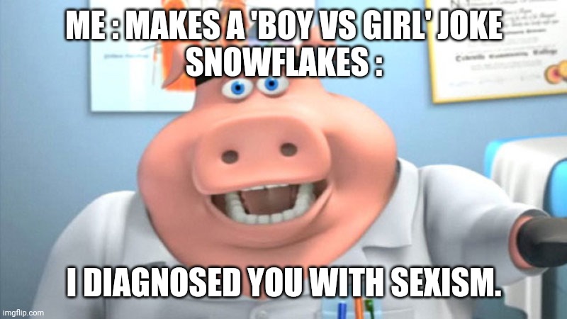 I Diagnose You With Dead | ME : MAKES A 'BOY VS GIRL' JOKE
SNOWFLAKES :; I DIAGNOSED YOU WITH SEXISM. | image tagged in i diagnose you with dead | made w/ Imgflip meme maker