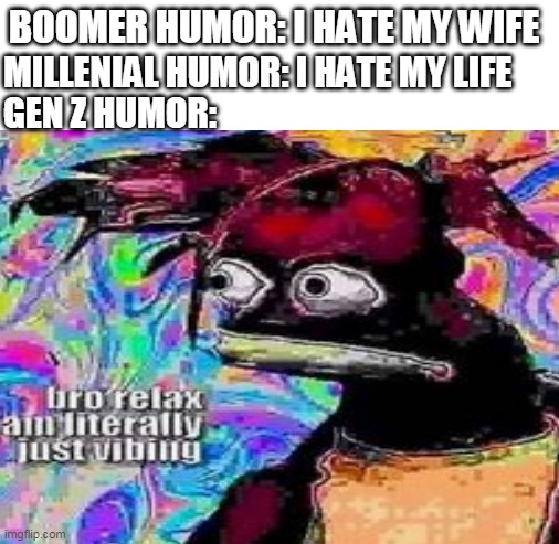 Gen Z Humor | BOOMER HUMOR: I HATE MY WIFE; MILLENIAL HUMOR: I HATE MY LIFE; GEN Z HUMOR: | image tagged in blank white template | made w/ Imgflip meme maker