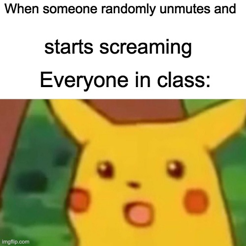 Surprised Pikachu | When someone randomly unmutes and; starts screaming; Everyone in class: | image tagged in memes,surprised pikachu | made w/ Imgflip meme maker