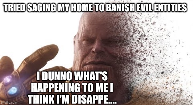 Remember to sage and protect your home. | TRIED SAGING MY HOME TO BANISH EVIL ENTITIES; I DUNNO WHAT'S HAPPENING TO ME I THINK I'M DISAPPE.... | image tagged in thanos disappears,demons,exorcist,disappearing,demon,truth | made w/ Imgflip meme maker