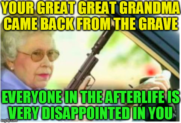 grandma gun weeb killer | YOUR GREAT GREAT GRANDMA
CAME BACK FROM THE GRAVE EVERYONE IN THE AFTERLIFE IS
VERY DISAPPOINTED IN YOU | image tagged in grandma gun weeb killer | made w/ Imgflip meme maker