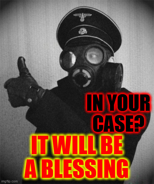 gas masked nazi | IN YOUR
CASE? IT WILL BE
A BLESSING | image tagged in gas masked nazi | made w/ Imgflip meme maker