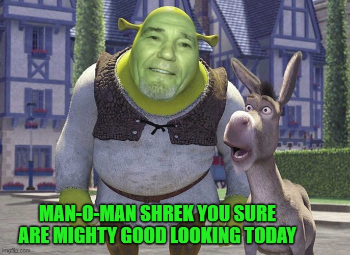 green and handsome | MAN-O-MAN SHREK YOU SURE ARE MIGHTY GOOD LOOKING TODAY | image tagged in shrek,kewlew | made w/ Imgflip meme maker