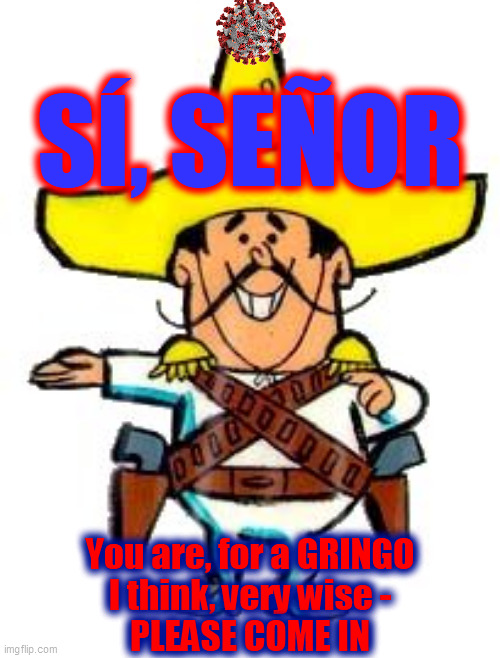 Frito Bandito | SÍ, SEÑOR You are, for a GRINGO
I think, very wise -
PLEASE COME IN | image tagged in frito bandito | made w/ Imgflip meme maker