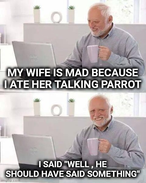 Tasted like chicken |  MY WIFE IS MAD BECAUSE I ATE HER TALKING PARROT; I SAID "WELL , HE SHOULD HAVE SAID SOMETHING" | image tagged in memes,hide the pain harold,bird weekend,thanksgiving,goodbye | made w/ Imgflip meme maker