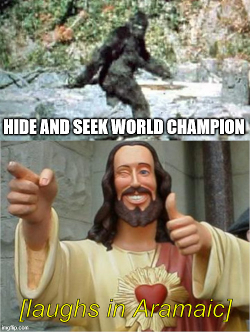 Close Your Eyes and Count to A Billion | HIDE AND SEEK WORLD CHAMPION; [laughs in Aramaic] | image tagged in funny memes,jesus,bigfoot,hide and seek | made w/ Imgflip meme maker