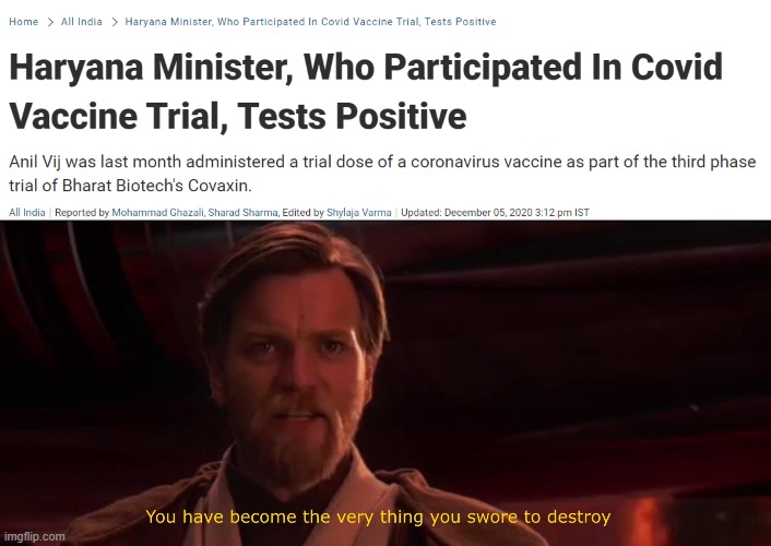 Coronavirus vaccine that gives you coronavirus | image tagged in you have become the very thing you swore to destroy,vaccine,funny,memes,covid-19 | made w/ Imgflip meme maker