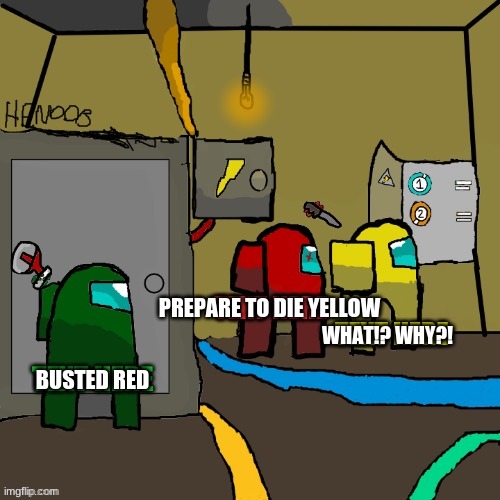 PREPARE TO DIE YELLOW; WHAT!? WHY?! BUSTED RED | image tagged in emergency meeting among us | made w/ Imgflip meme maker