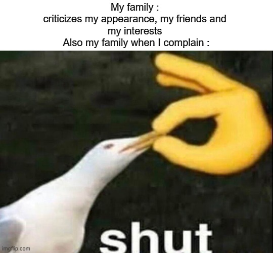 I hate this | My family : 
criticizes my appearance, my friends and 
my interests 
Also my family when I complain : | image tagged in shut | made w/ Imgflip meme maker