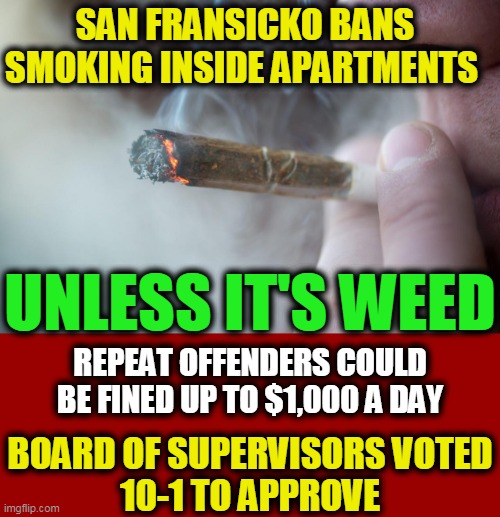 So, What Are Nine Out of Ten Board Members Smoking To Think This Makes Sense? | SAN FRANSICKO BANS SMOKING INSIDE APARTMENTS; UNLESS IT'S WEED; REPEAT OFFENDERS COULD BE FINED UP TO $1,000 A DAY; BOARD OF SUPERVISORS VOTED
10-1 TO APPROVE | image tagged in political meme,liberal vs conservative,liberalism,crazy,san francisco,weed | made w/ Imgflip meme maker