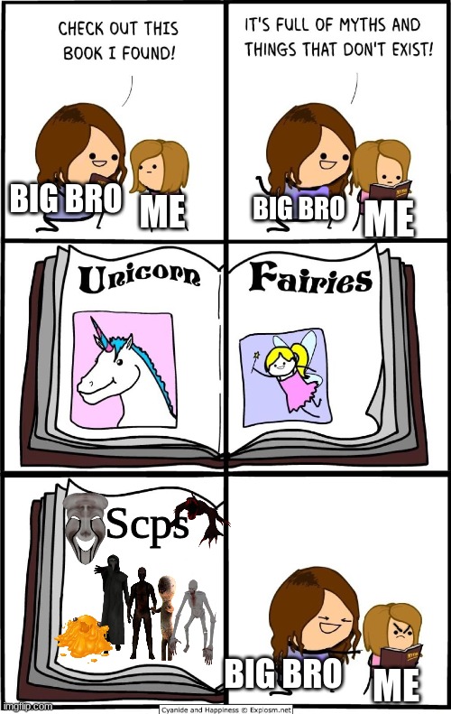 My life in a nutshell | BIG BRO; ME; BIG BRO; ME; Scps; BIG BRO; ME | image tagged in things that don't exist,all scps i know | made w/ Imgflip meme maker