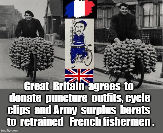 French Fishermen Retrained | Great  Britain  agrees  to  donate  puncture  outfits, cycle clips  and Army  surplus  berets
  to  retrained   French fishermen . | image tagged in two happy frogs | made w/ Imgflip meme maker