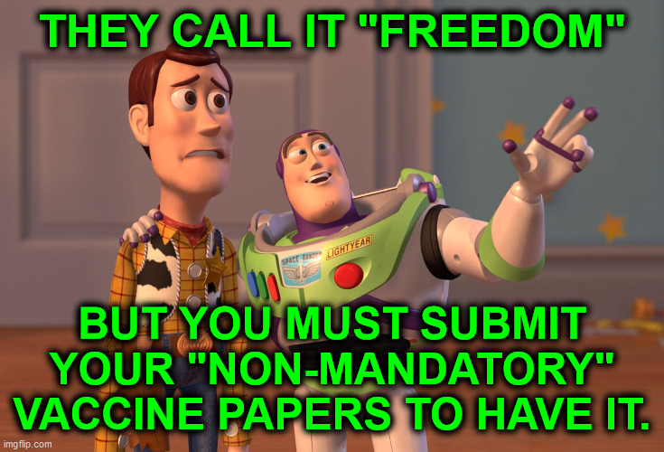 They call it "freedom"... | THEY CALL IT "FREEDOM"; BUT YOU MUST SUBMIT
YOUR "NON-MANDATORY"
VACCINE PAPERS TO HAVE IT. | image tagged in memes,x x everywhere,freedom,mandatory vaccines,propaganda,papers | made w/ Imgflip meme maker
