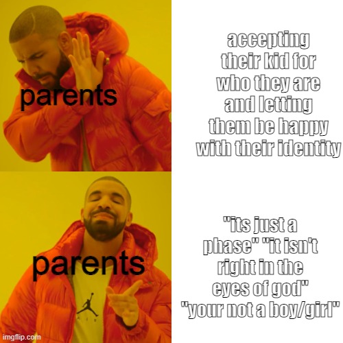 Drake Hotline Bling | accepting their kid for who they are and letting them be happy with their identity; parents; parents; "its just a phase" "it isn't right in the eyes of god" "your not a boy/girl" | image tagged in memes,drake hotline bling | made w/ Imgflip meme maker