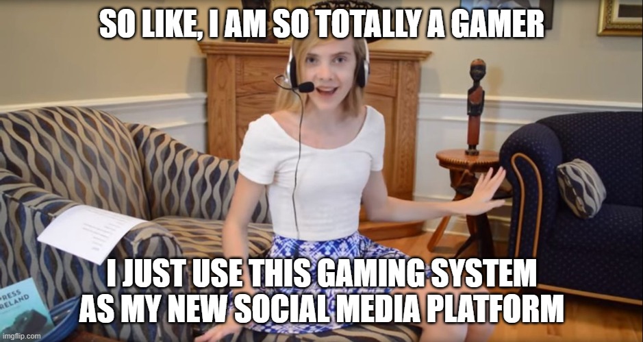 Gamer Girls | SO LIKE, I AM SO TOTALLY A GAMER; I JUST USE THIS GAMING SYSTEM AS MY NEW SOCIAL MEDIA PLATFORM | image tagged in gamer girls | made w/ Imgflip meme maker