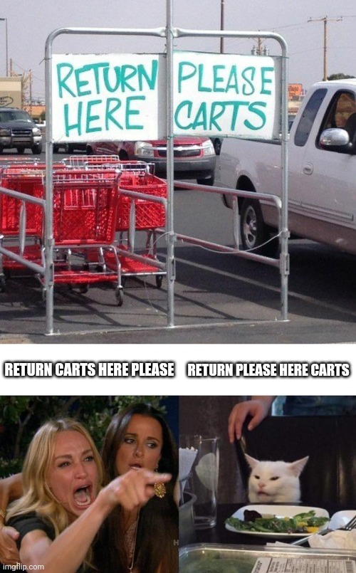 Seriously is that all they got?! | RETURN CARTS HERE PLEASE; RETURN PLEASE HERE CARTS | image tagged in memes,woman yelling at cat,you had one job,funny,fails | made w/ Imgflip meme maker