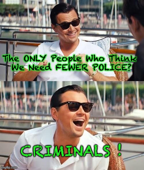 Leonardo Dicaprio Wolf Of Wall Street Meme | The ONLY People Who Think 
We Need FEWER POLICE? CRIMINALS ! | image tagged in memes,leonardo dicaprio wolf of wall street | made w/ Imgflip meme maker