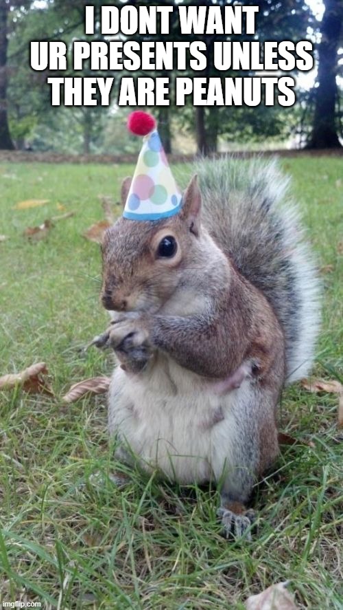 Super Birthday Squirrel Meme | I DONT WANT UR PRESENTS UNLESS THEY ARE PEANUTS | image tagged in memes,super birthday squirrel | made w/ Imgflip meme maker