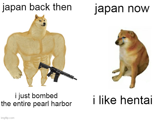 hentai sucks | japan back then; japan now; i just bombed the entire pearl harbor; i like hentai | image tagged in memes,buff doge vs cheems,funny,hentai,japan | made w/ Imgflip meme maker