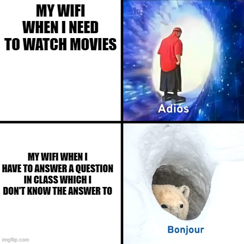 Adios Bonjour | MY WIFI WHEN I NEED TO WATCH MOVIES; MY WIFI WHEN I HAVE TO ANSWER A QUESTION IN CLASS WHICH I DON'T KNOW THE ANSWER TO | image tagged in adios bonjour | made w/ Imgflip meme maker