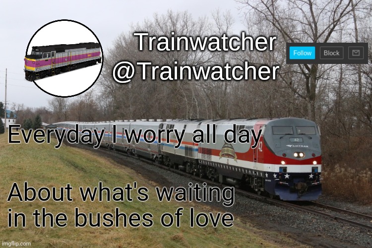 Trainwatcher Announcement 3 | Everyday I worry all day; About what's waiting in the bushes of love | image tagged in trainwatcher announcement 3 | made w/ Imgflip meme maker