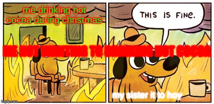 RUDOLPH | me drinking hot cocoa during christmas; ME NOT WANTING TO DRINKING HOT COCOA; my sister it to hoy | image tagged in memes,this is fine | made w/ Imgflip meme maker