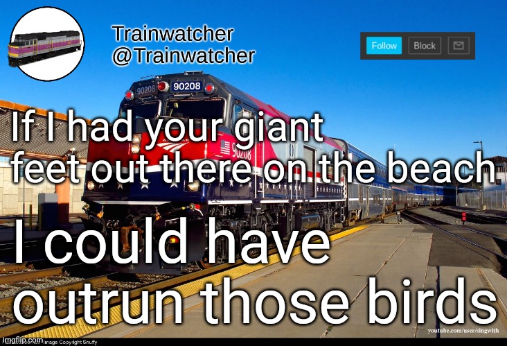 Trainwatcher Announcement 4 | If I had your giant feet out there on the beach; I could have outrun those birds | image tagged in trainwatcher announcement 4 | made w/ Imgflip meme maker