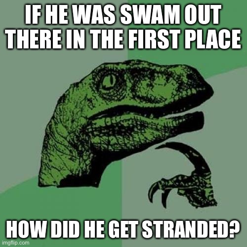 Philosoraptor Meme | IF HE WAS SWAM OUT THERE IN THE FIRST PLACE HOW DID HE GET STRANDED? | image tagged in memes,philosoraptor | made w/ Imgflip meme maker
