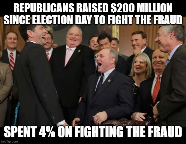 Republicans Senators laughing | REPUBLICANS RAISED $200 MILLION SINCE ELECTION DAY TO FIGHT THE FRAUD; SPENT 4% ON FIGHTING THE FRAUD | image tagged in republicans senators laughing | made w/ Imgflip meme maker