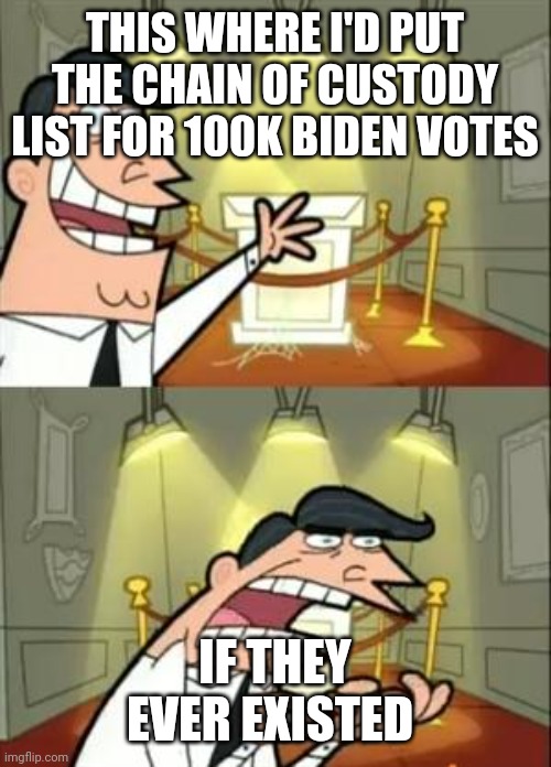 Null and void now | THIS WHERE I'D PUT THE CHAIN OF CUSTODY LIST FOR 100K BIDEN VOTES; IF THEY EVER EXISTED | image tagged in memes,this is where i'd put my trophy if i had one | made w/ Imgflip meme maker