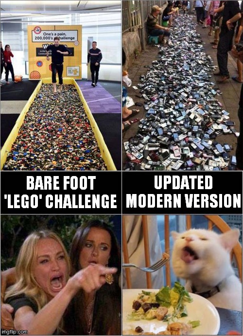 Woman Yelling At Cat Which is More Painful ? | UPDATED MODERN VERSION; BARE FOOT 'LEGO' CHALLENGE | image tagged in woman yelling at cat,lego,phones,challenge,frontpage | made w/ Imgflip meme maker