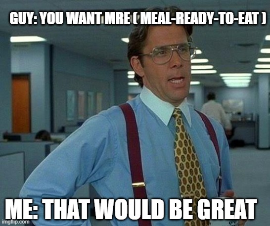 mre | GUY: YOU WANT MRE ( MEAL-READY-TO-EAT ); ME: THAT WOULD BE GREAT | image tagged in memes,that would be great | made w/ Imgflip meme maker