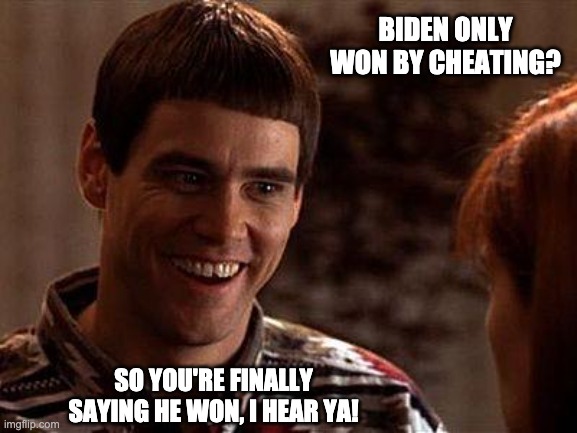 One In A Million Chance Biden Won Without Cheating | BIDEN ONLY WON BY CHEATING? SO YOU'RE FINALLY SAYING HE WON, I HEAR YA! | image tagged in dumb and dumber | made w/ Imgflip meme maker