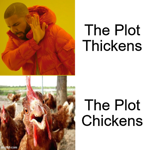Drake Hotline Bling | The Plot Thickens; The Plot Chickens | image tagged in memes,drake hotline bling,funny chicken,evil plotting raccoon,no no hes got a point,i see what you did there | made w/ Imgflip meme maker