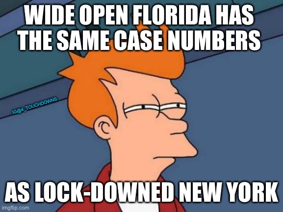 Hey pro-lockdowners - explain this | WIDE OPEN FLORIDA HAS 
THE SAME CASE NUMBERS; IG@4_TOUCHDOWNS; AS LOCK-DOWNED NEW YORK | image tagged in florida,new york,lockdown | made w/ Imgflip meme maker