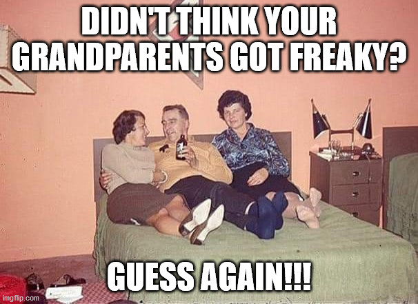 grandparents | DIDN'T THINK YOUR GRANDPARENTS GOT FREAKY? GUESS AGAIN!!! | image tagged in grandpa,grandma | made w/ Imgflip meme maker
