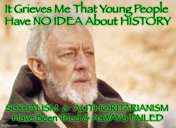 Obi Wan Kenobi | It Grieves Me That Young People 
Have NO IDEA About HISTORY; SOCIALISM  &  AUTHORITARIANISM 
Have Been Tried & ALWAYS FAILED | image tagged in memes,obi wan kenobi | made w/ Imgflip meme maker