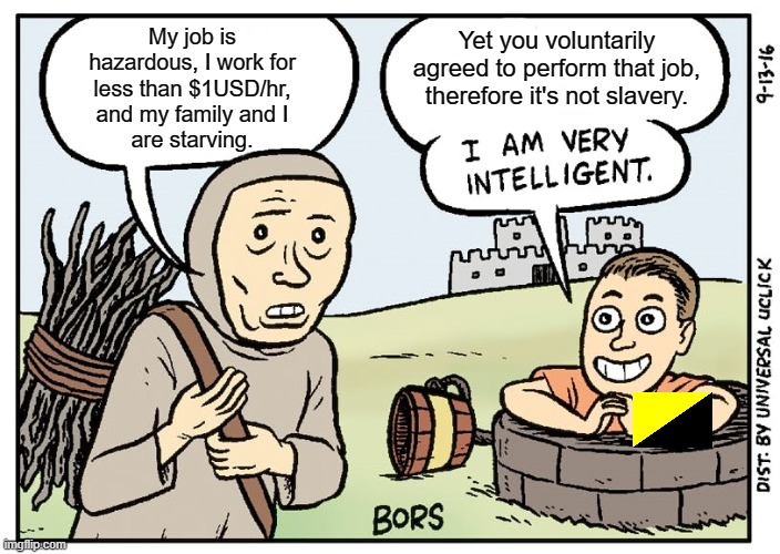 Ancap logic | Yet you voluntarily agreed to perform that job, therefore it's not slavery. My job is hazardous, I work for less than $1USD/hr,
and my family and I
are starving. | image tagged in bors,anarcho-capitalism,ancap,libertarianism,logic,capitalism | made w/ Imgflip meme maker