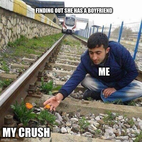 Flower Train Man | FINDING OUT SHE HAS A BOYFRIEND; ME; MY CRUSH | image tagged in flower train man | made w/ Imgflip meme maker