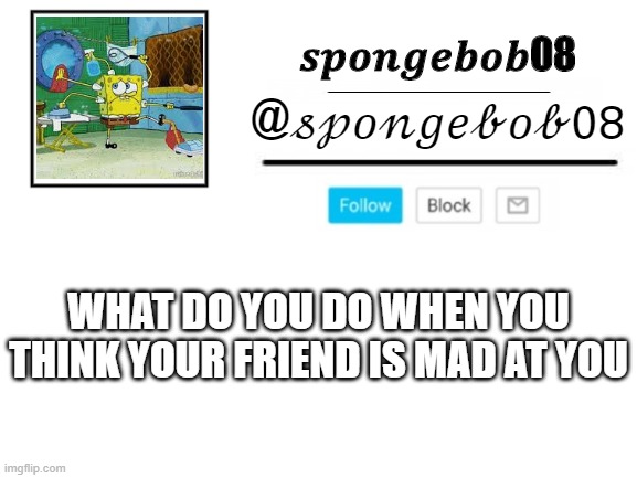 spongebob08 announcement template | WHAT DO YOU DO WHEN YOU THINK YOUR FRIEND IS MAD AT YOU | image tagged in spongebob08 announcement template | made w/ Imgflip meme maker