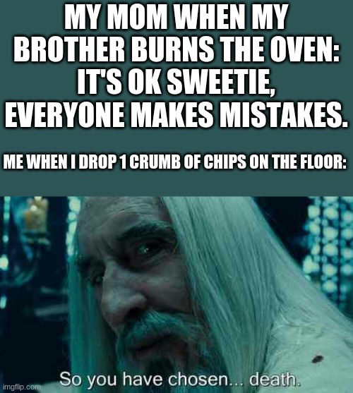 I think this is unfortunately almost the truth nowadays | MY MOM WHEN MY BROTHER BURNS THE OVEN: IT'S OK SWEETIE, EVERYONE MAKES MISTAKES. ME WHEN I DROP 1 CRUMB OF CHIPS ON THE FLOOR: | image tagged in so you have chosen death | made w/ Imgflip meme maker